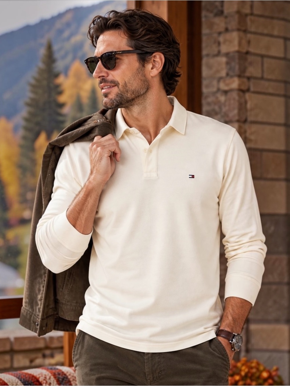Tommy Hilfiger Men’s Long Sleeve Polo L-Off-White Cream Regular Fit Stretch
